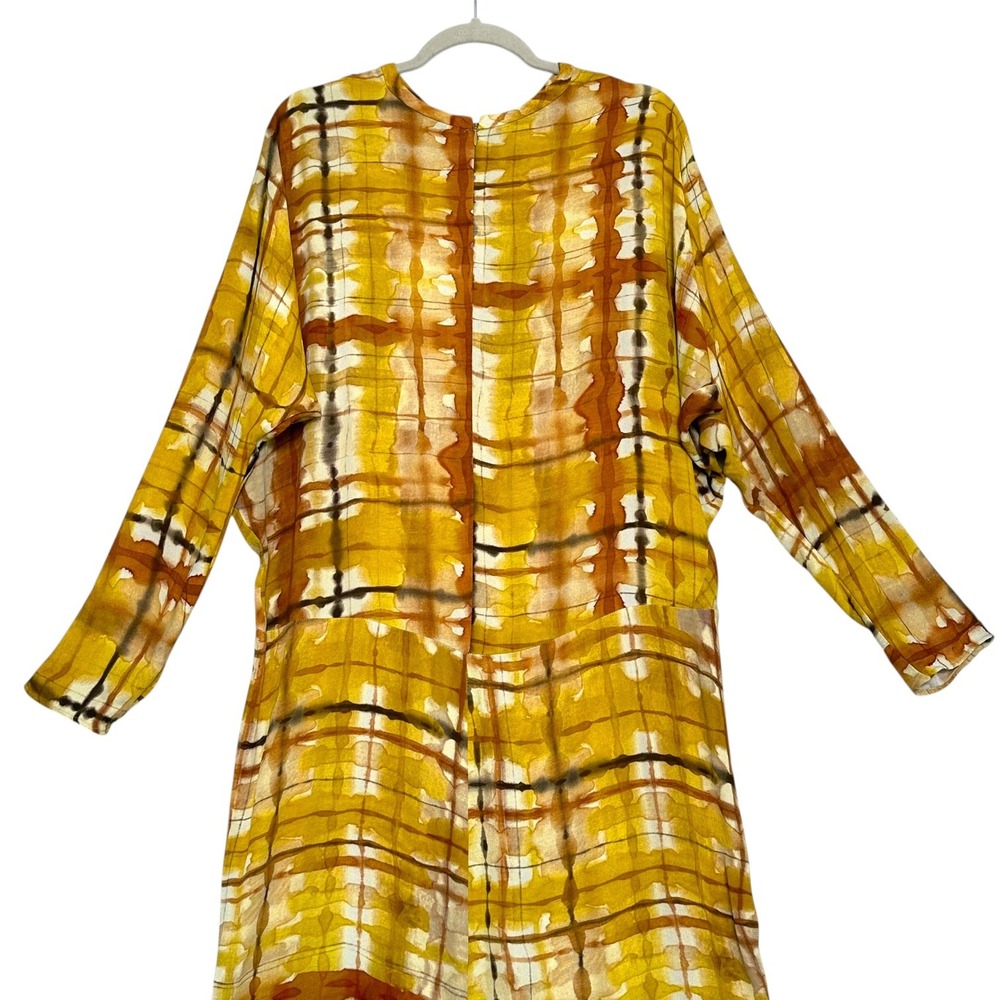 Zara Dress Tie Dye Plaid Print Dolman Sleeve Maxi Mustard Yellow M Blogger Fav - Picture 14 of 16